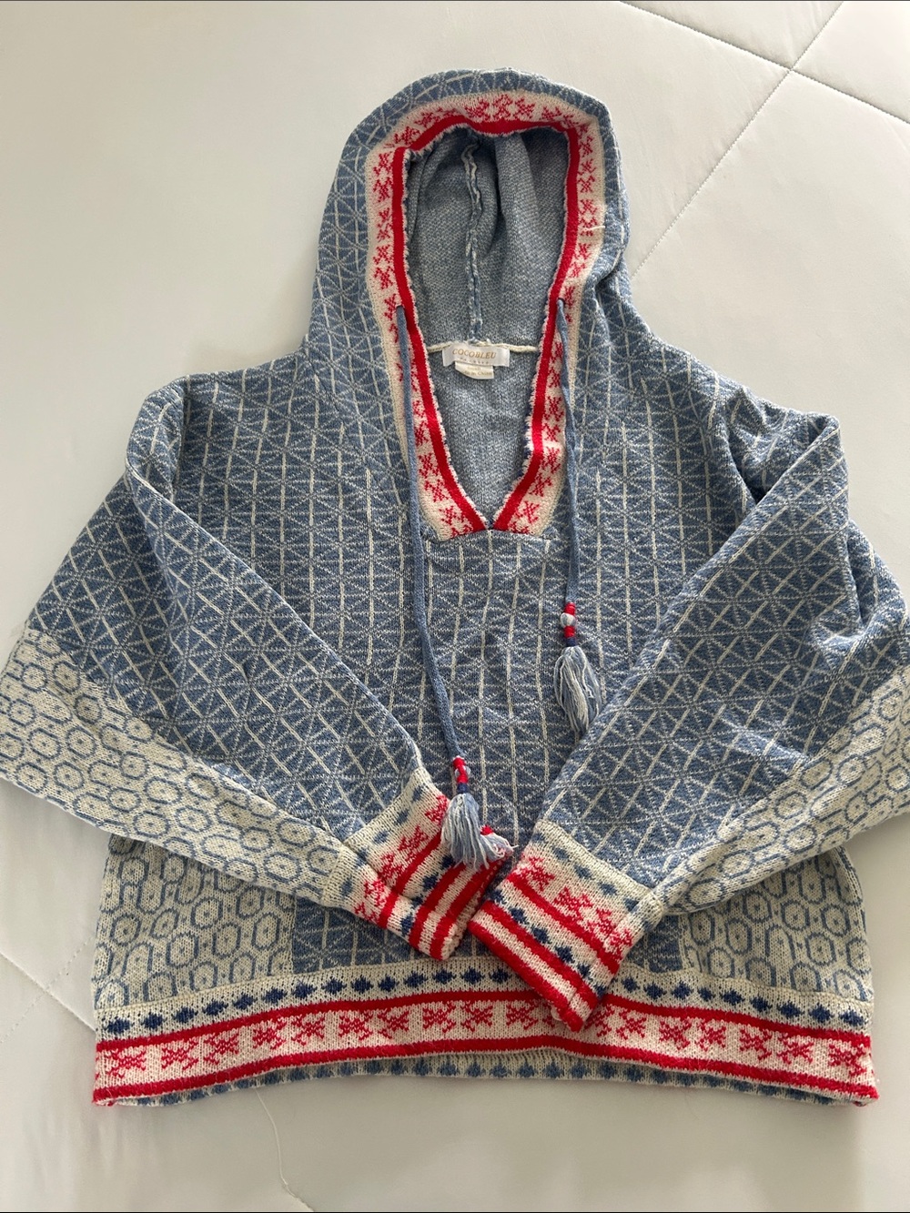 Blue Nordic-Pattern Hooded Turtleneck Sweater with Red Trim